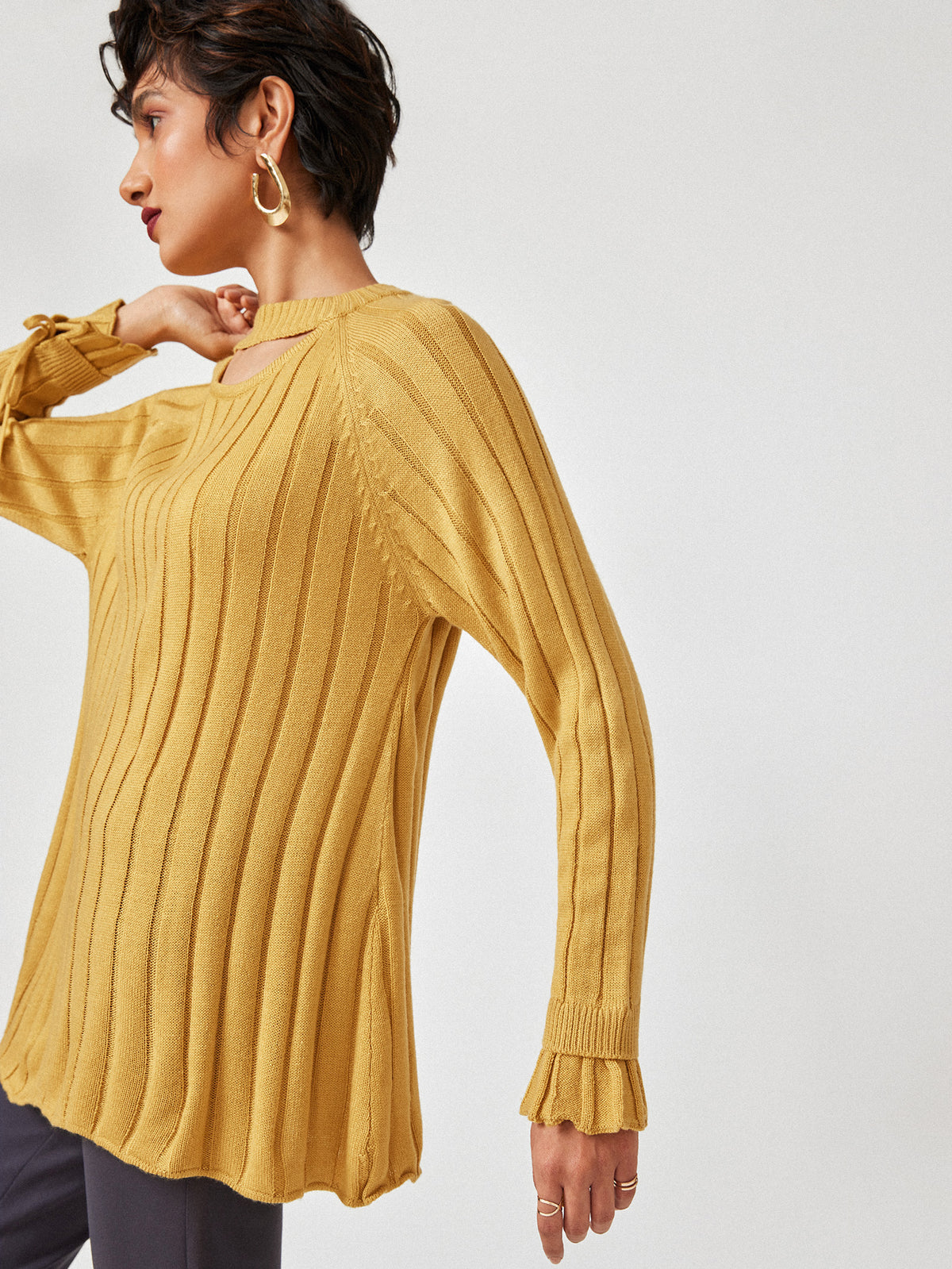 Mustard Cut Out Ribbed Sweater