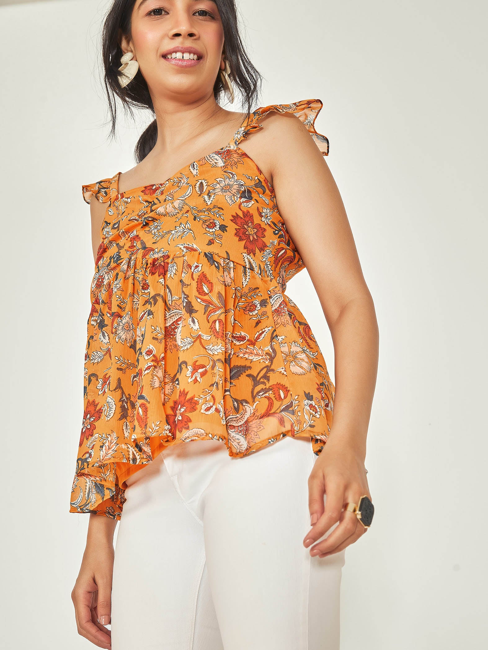 Mustard Floral Gathered Top