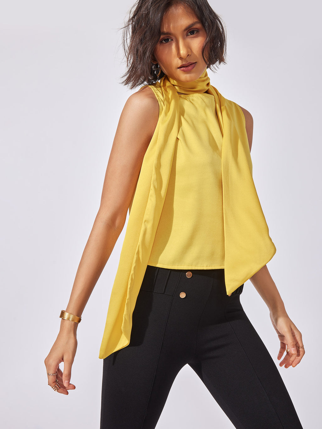 Mustard Neck Tie-Up Satin Top