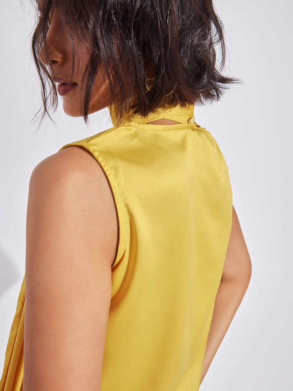 Mustard Neck Tie-Up Satin Top