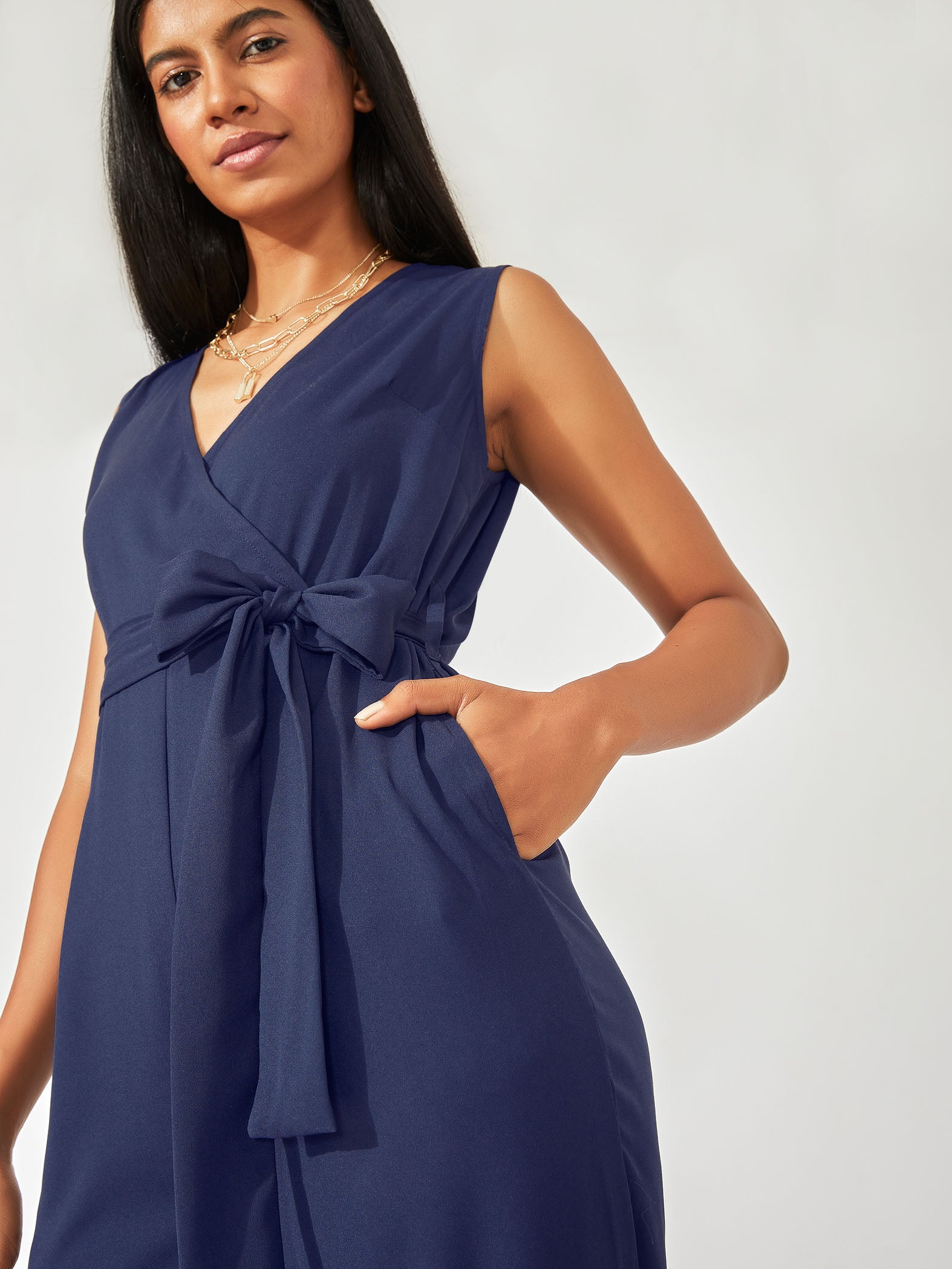 Navy Belted Wrap Jumpsuit