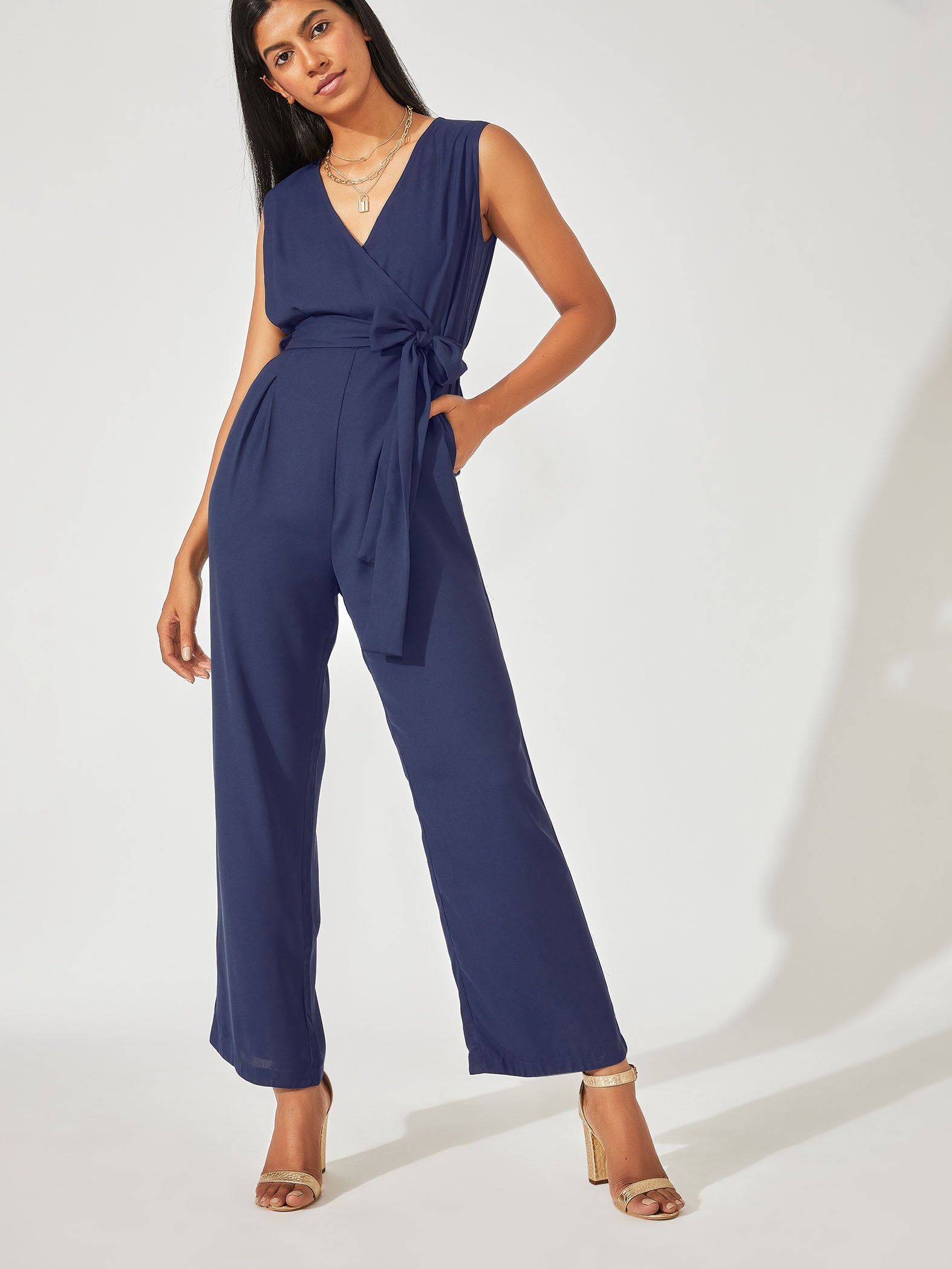 Navy Belted Wrap Jumpsuit