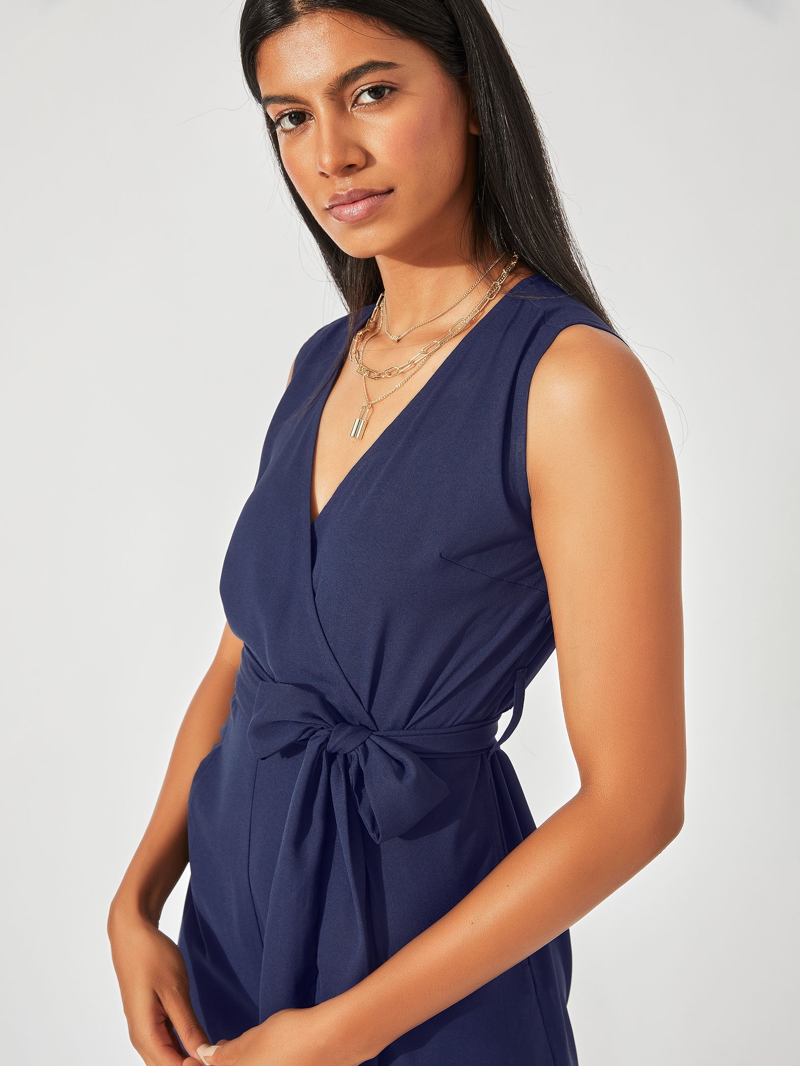 Navy Belted Wrap Jumpsuit