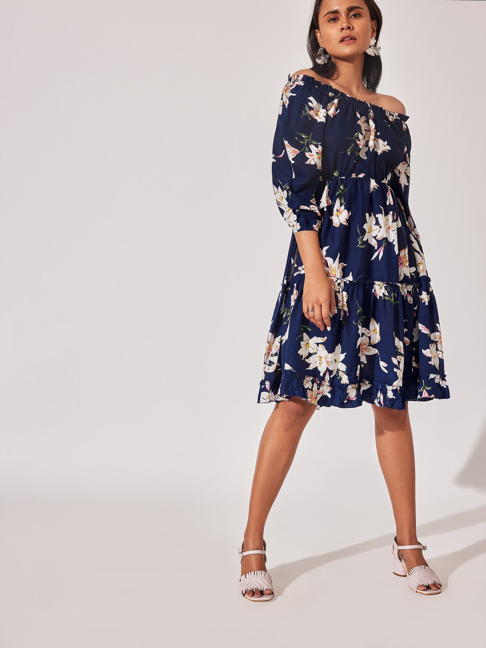 Navy Floral Off Shoulder Dress