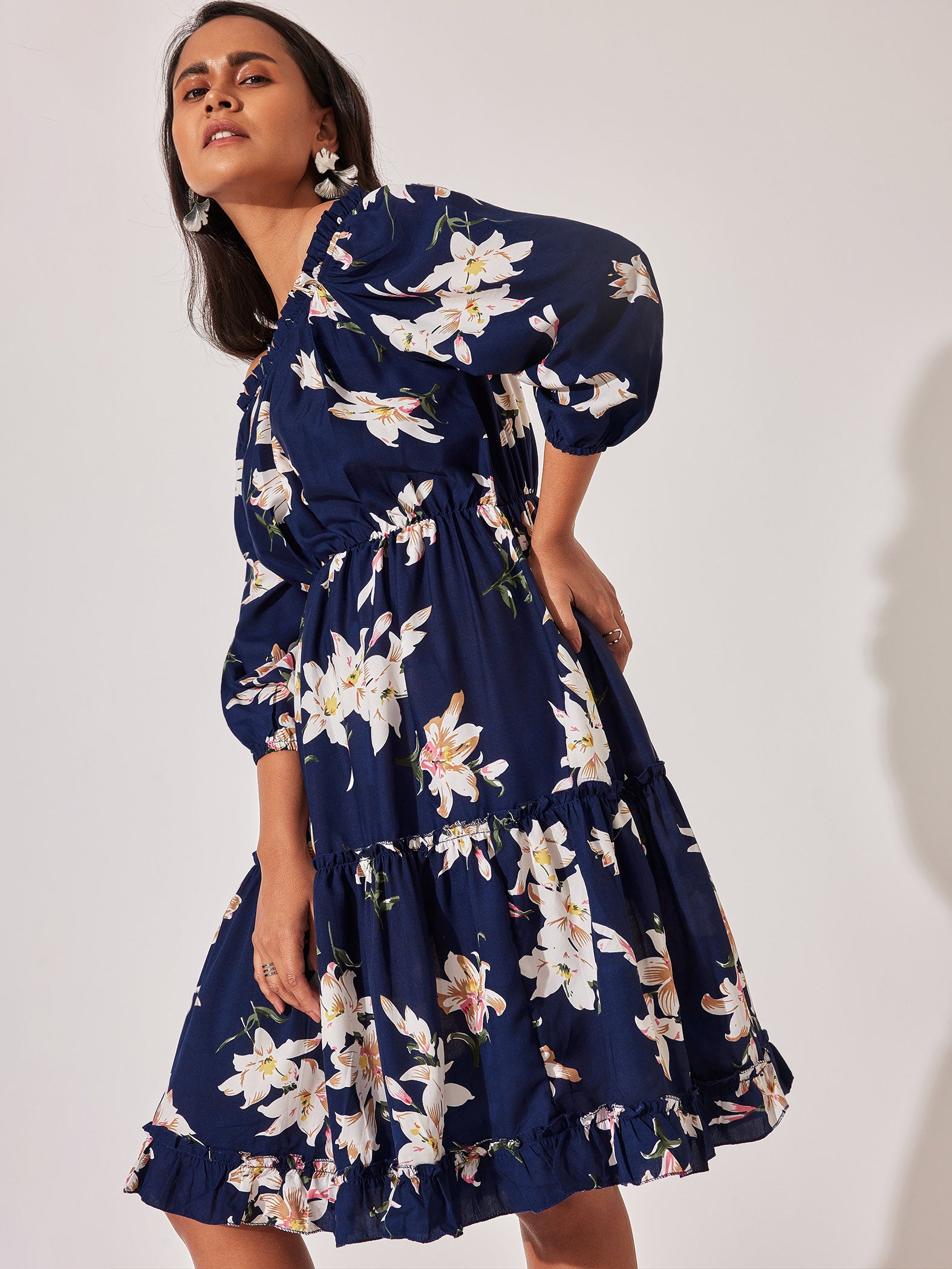 Navy Floral Off Shoulder Dress