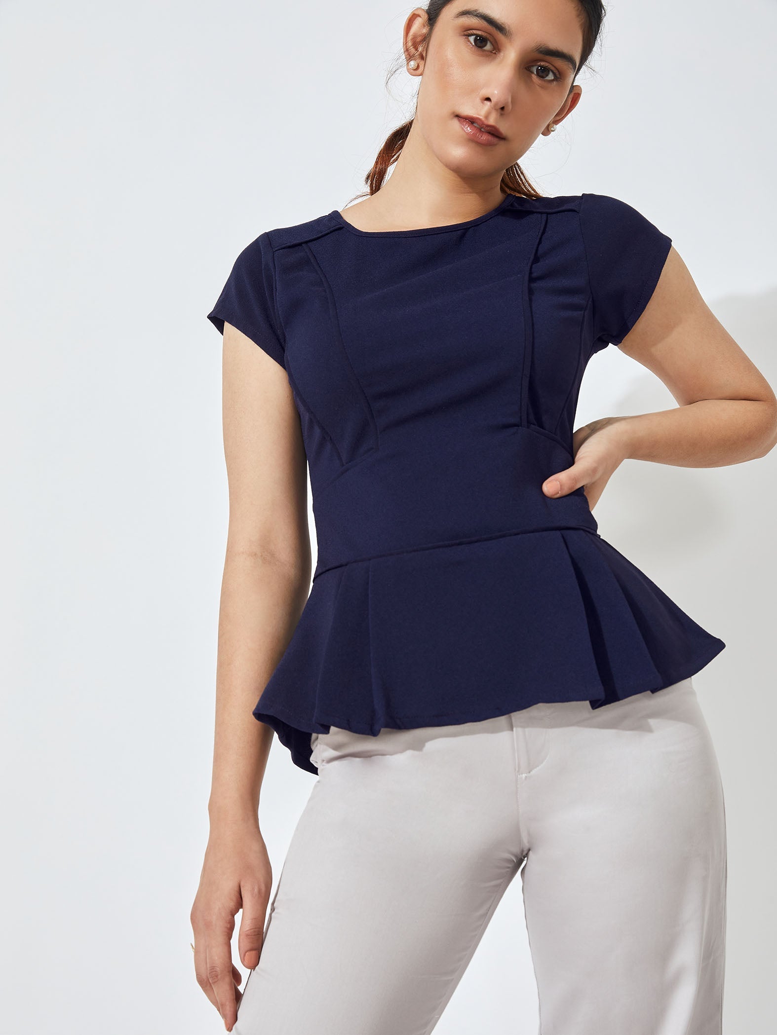 Navy Peplum Top