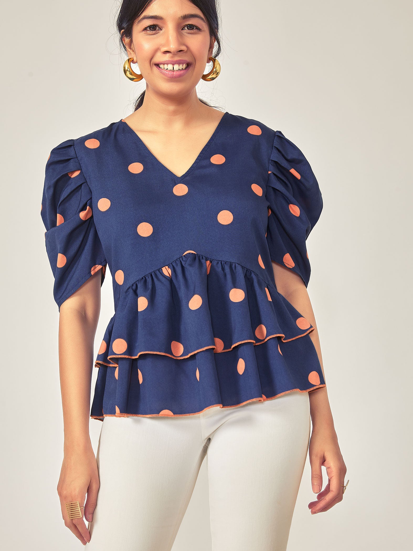 Navy Polka Tiered Top