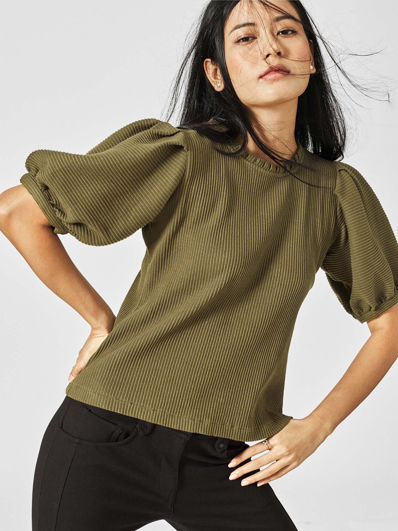 Olive Balloon Sleeve Top