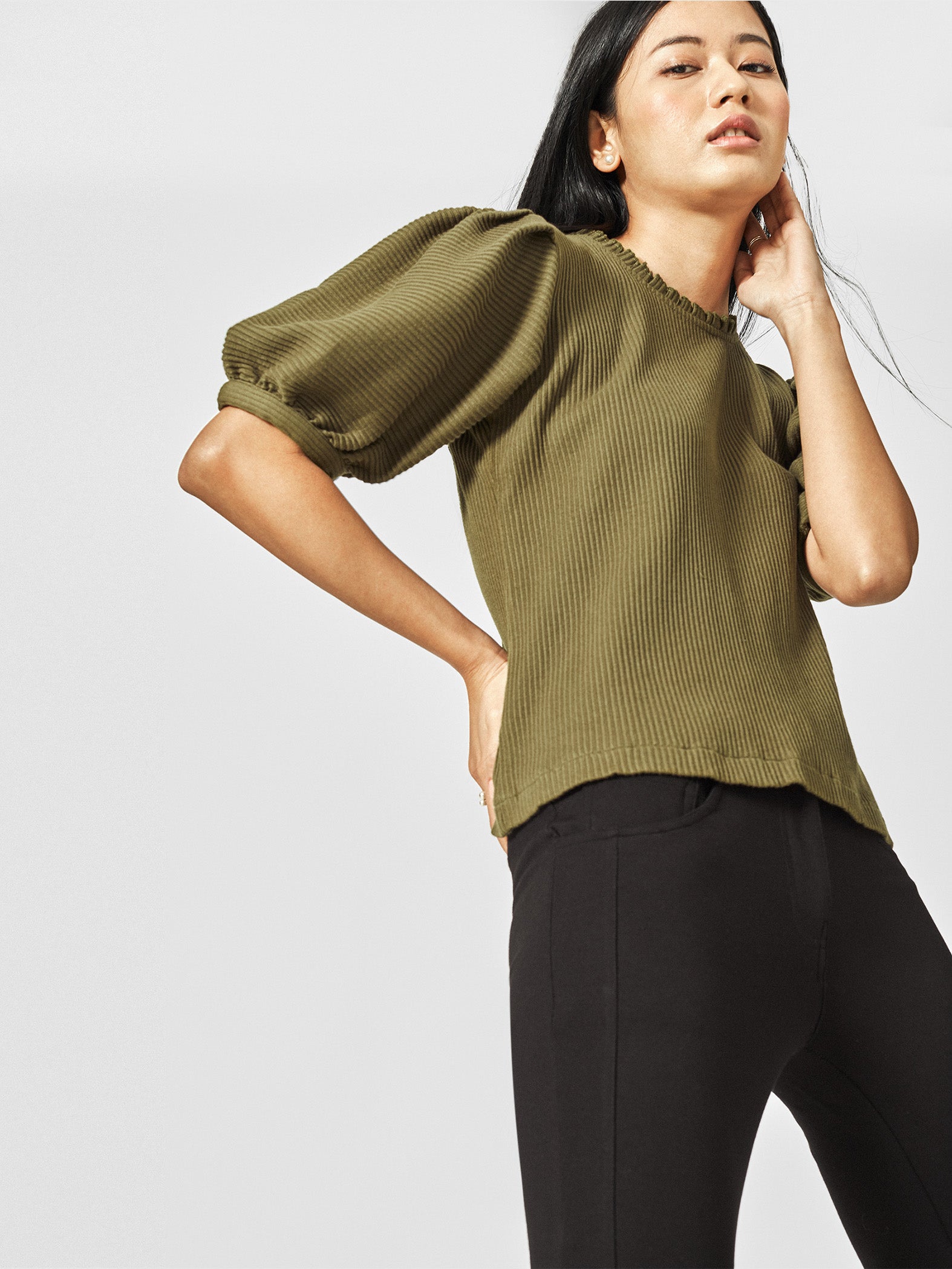Olive Balloon Sleeve Top