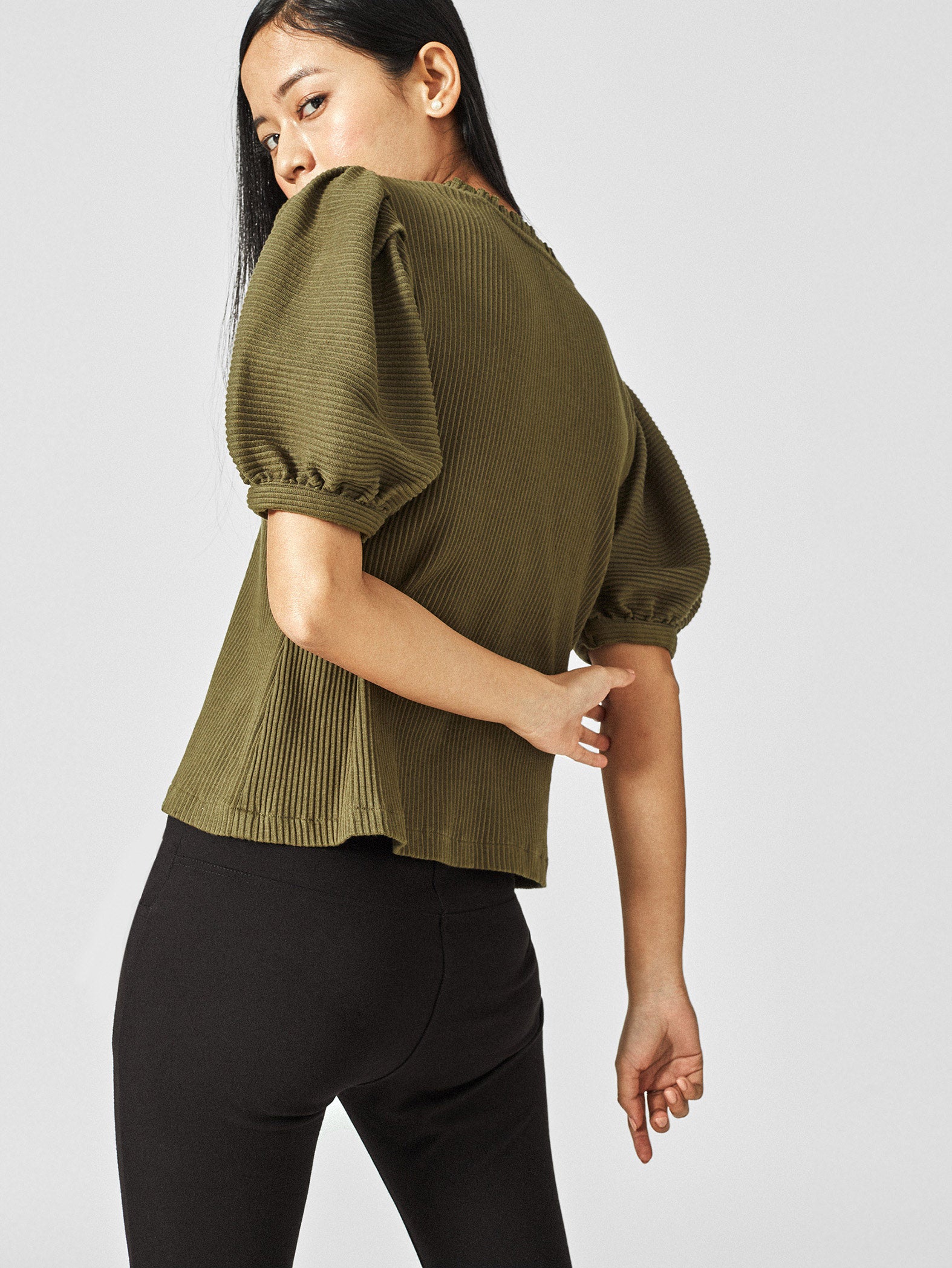 Olive Balloon Sleeve Top