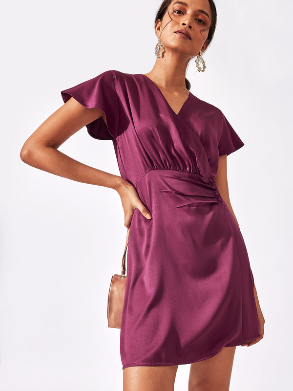 Plum Satin Pleat Dress