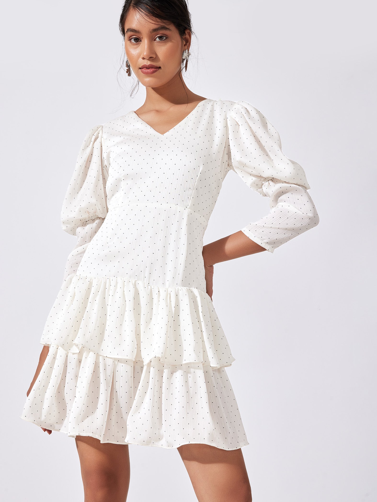 Polka Puff Sleeve Tiered Dress