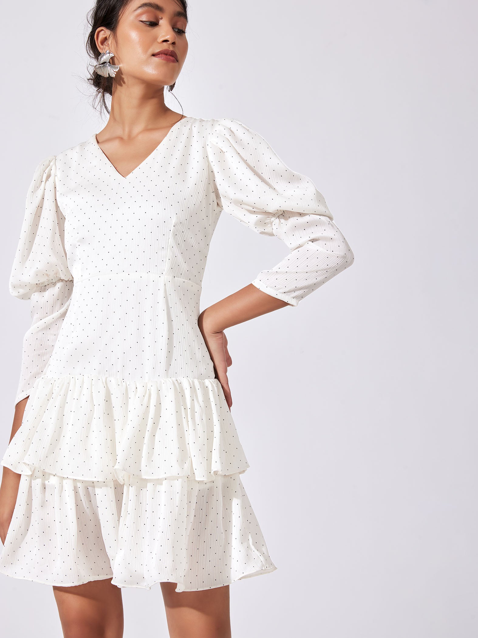 Polka Puff Sleeve Tiered Dress