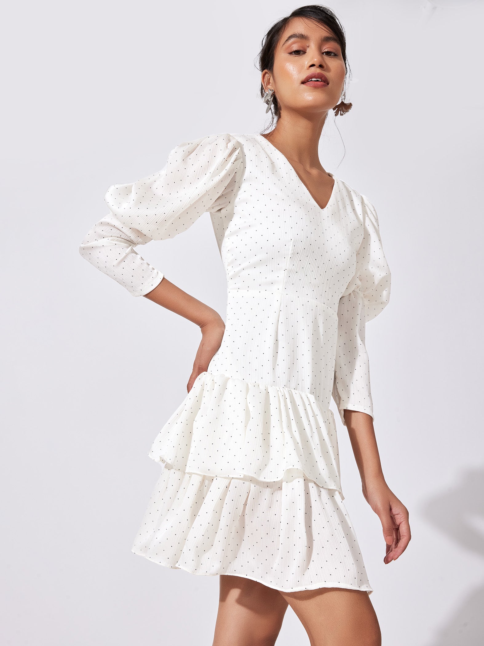 Polka Puff Sleeve Tiered Dress