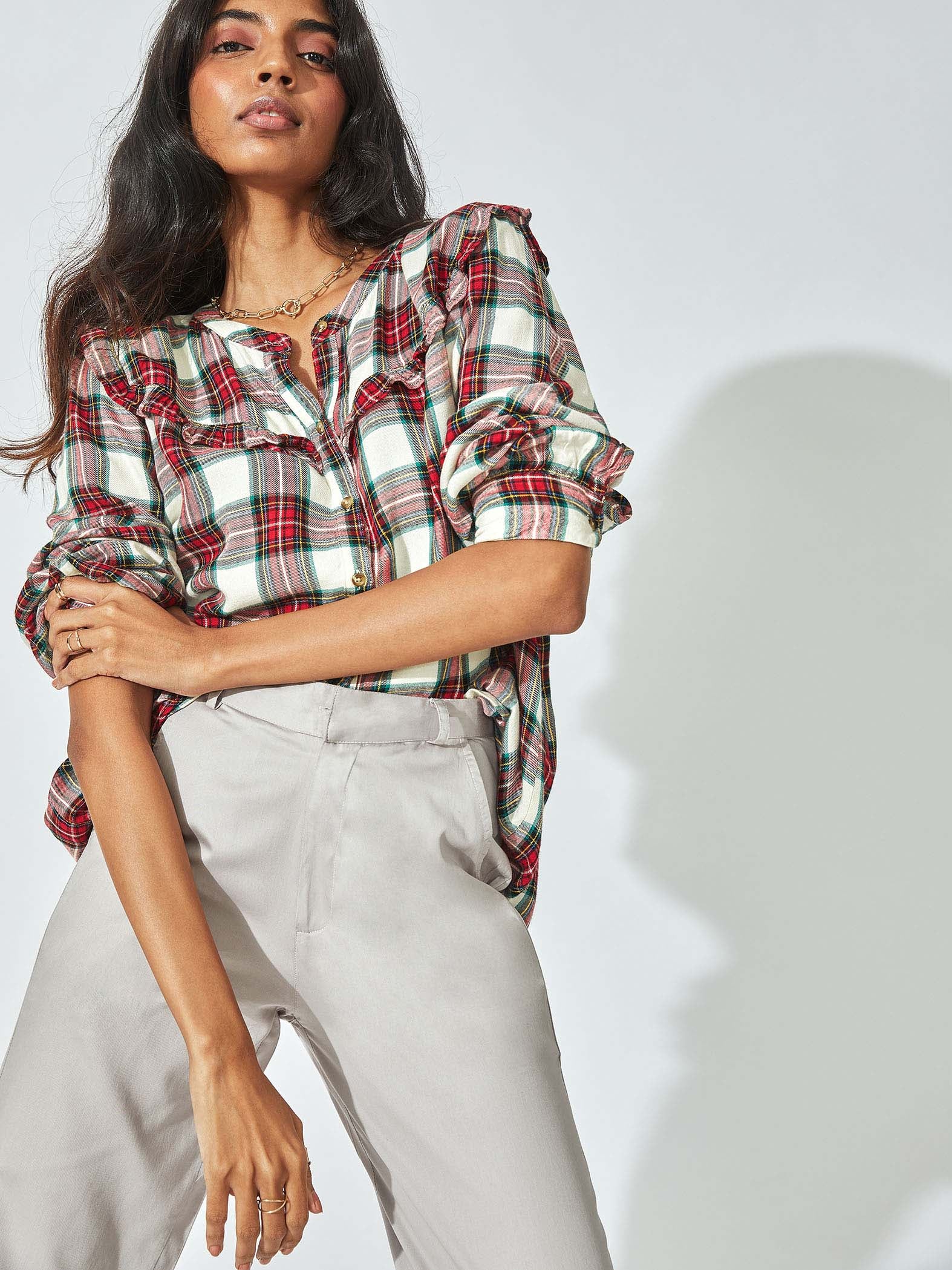 Red Tartan Ruffle Detail Shirt