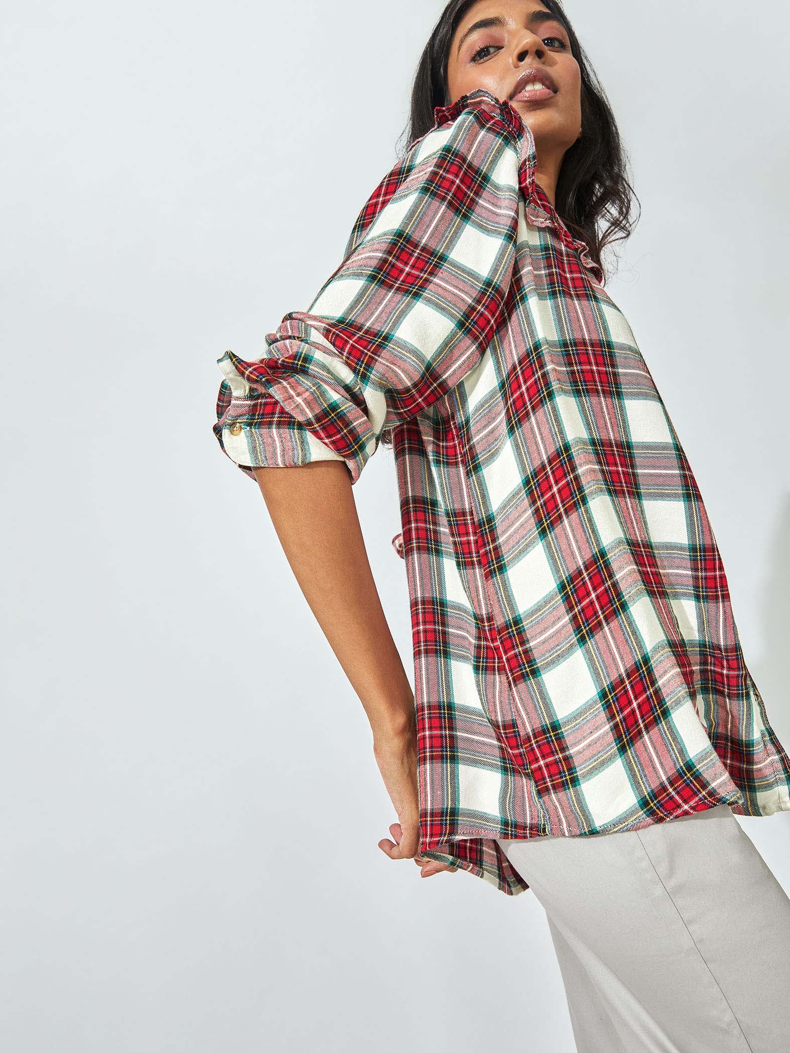 Red Tartan Ruffle Detail Shirt