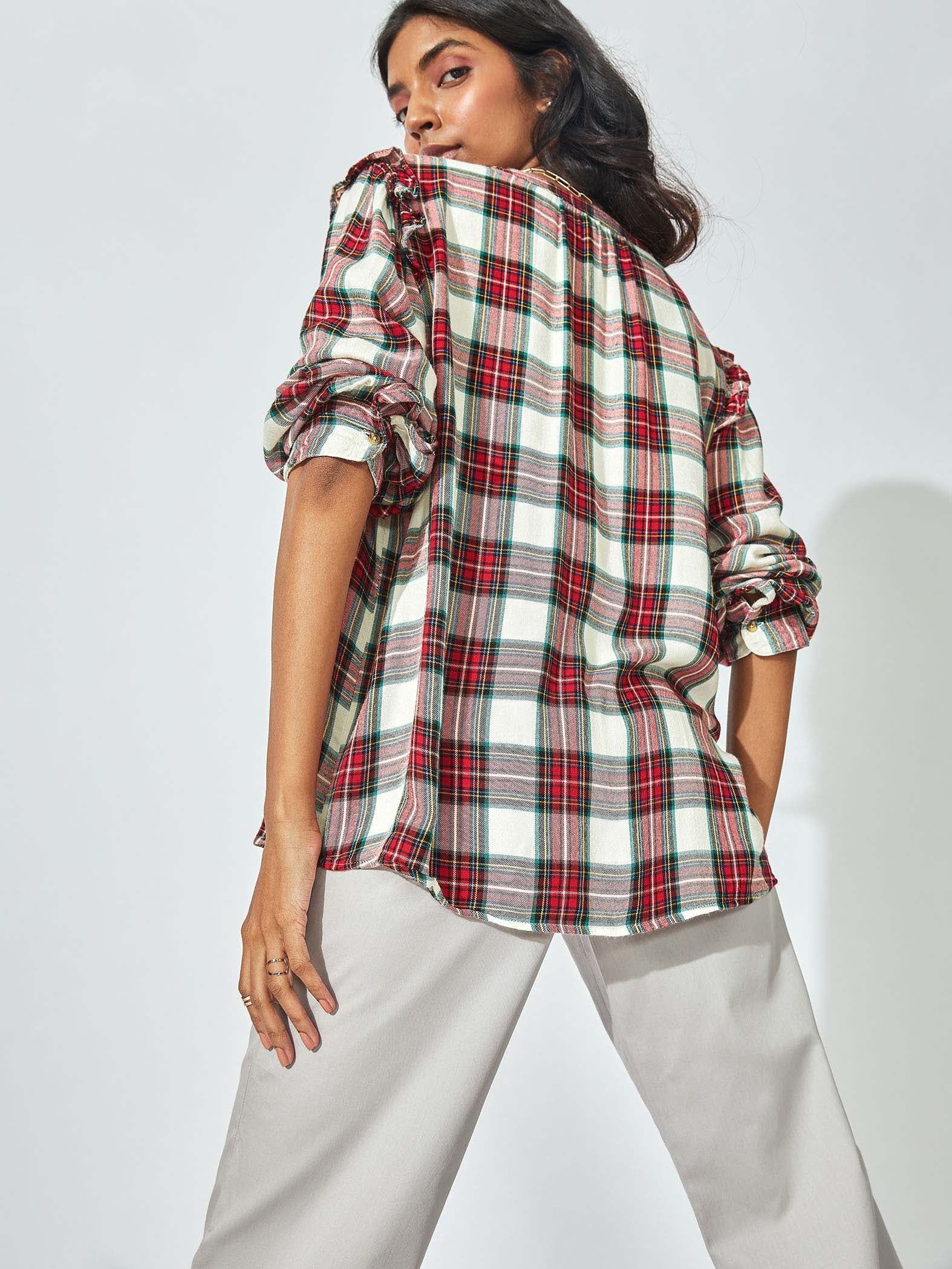 Red Tartan Ruffle Detail Shirt