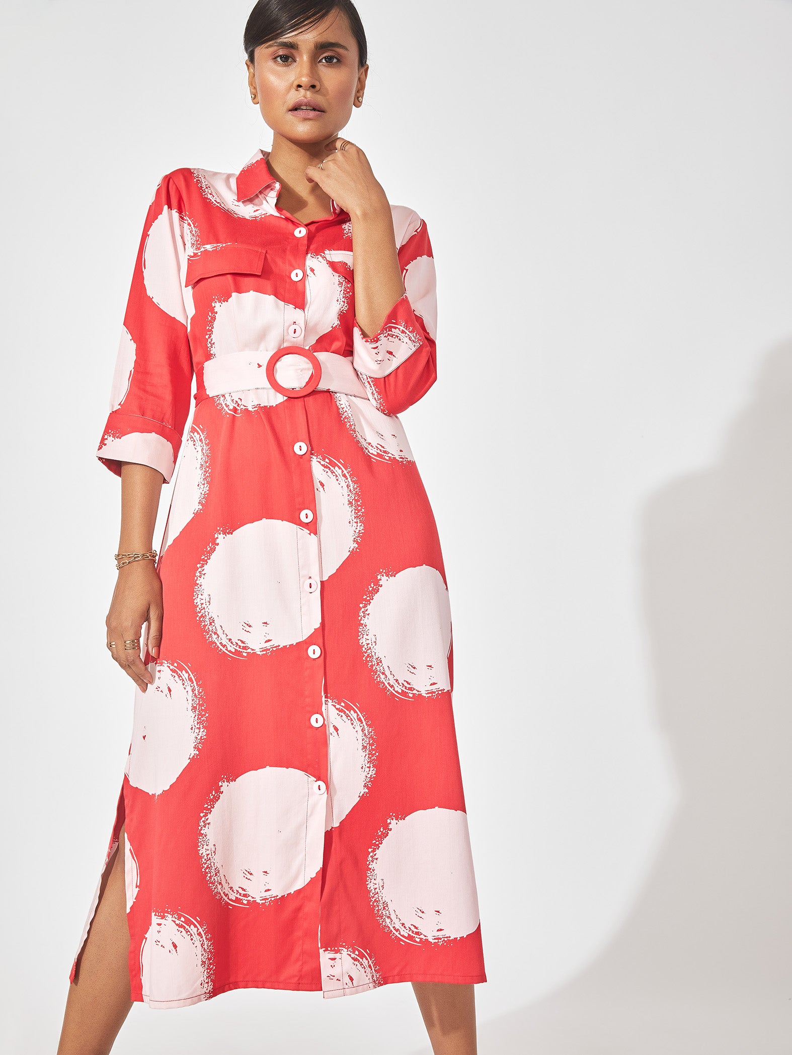Red & White Polka Shirt Dress