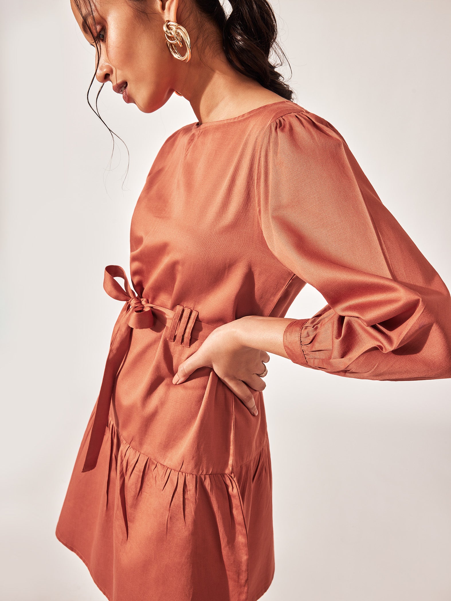 Buy Lyush Women Rust Smoked Waist Flared Mini Dress Online at Best