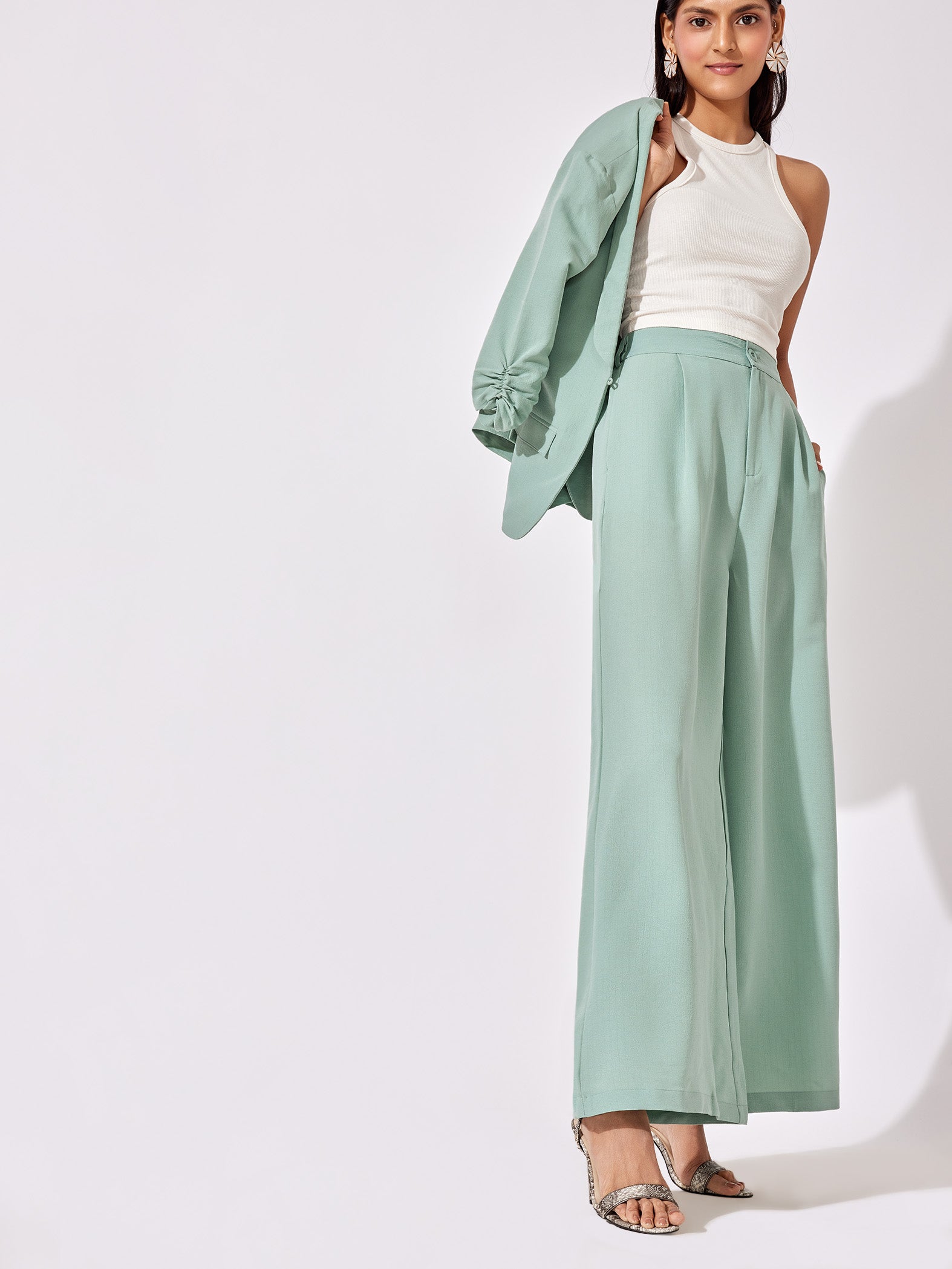 Sage Green Pleated Flare Pants