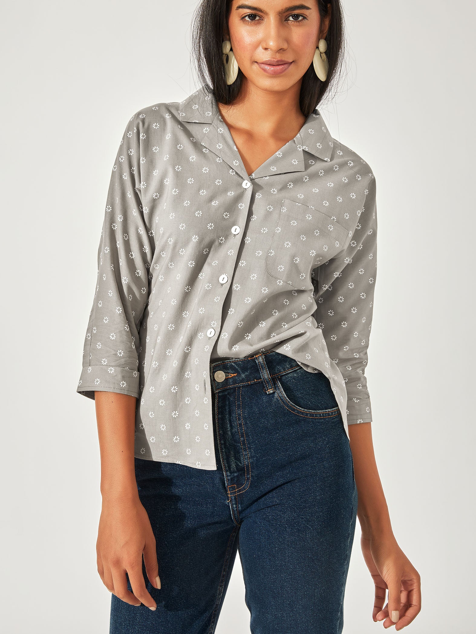 sage printed button down shirt