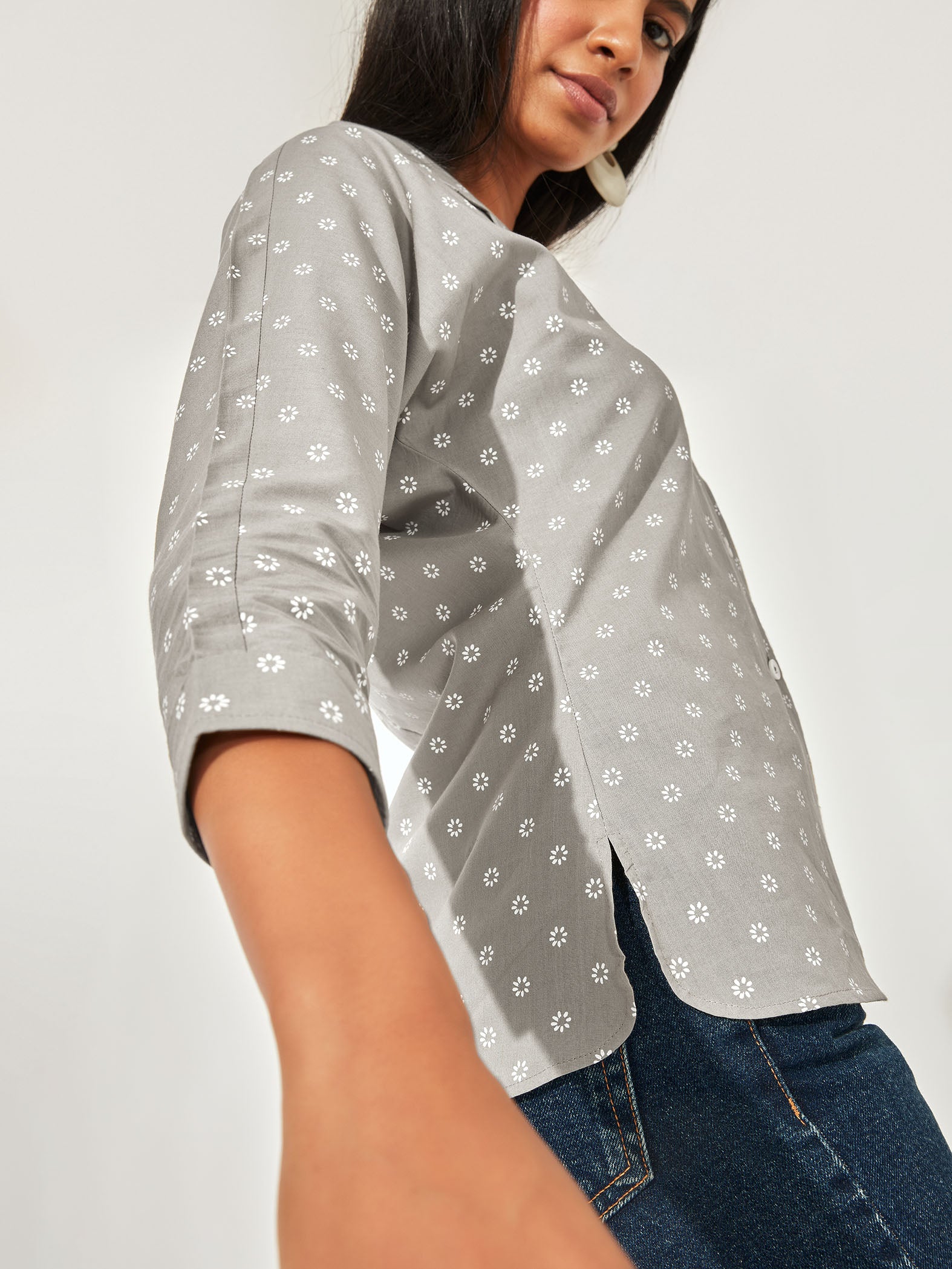 sage printed button down shirt