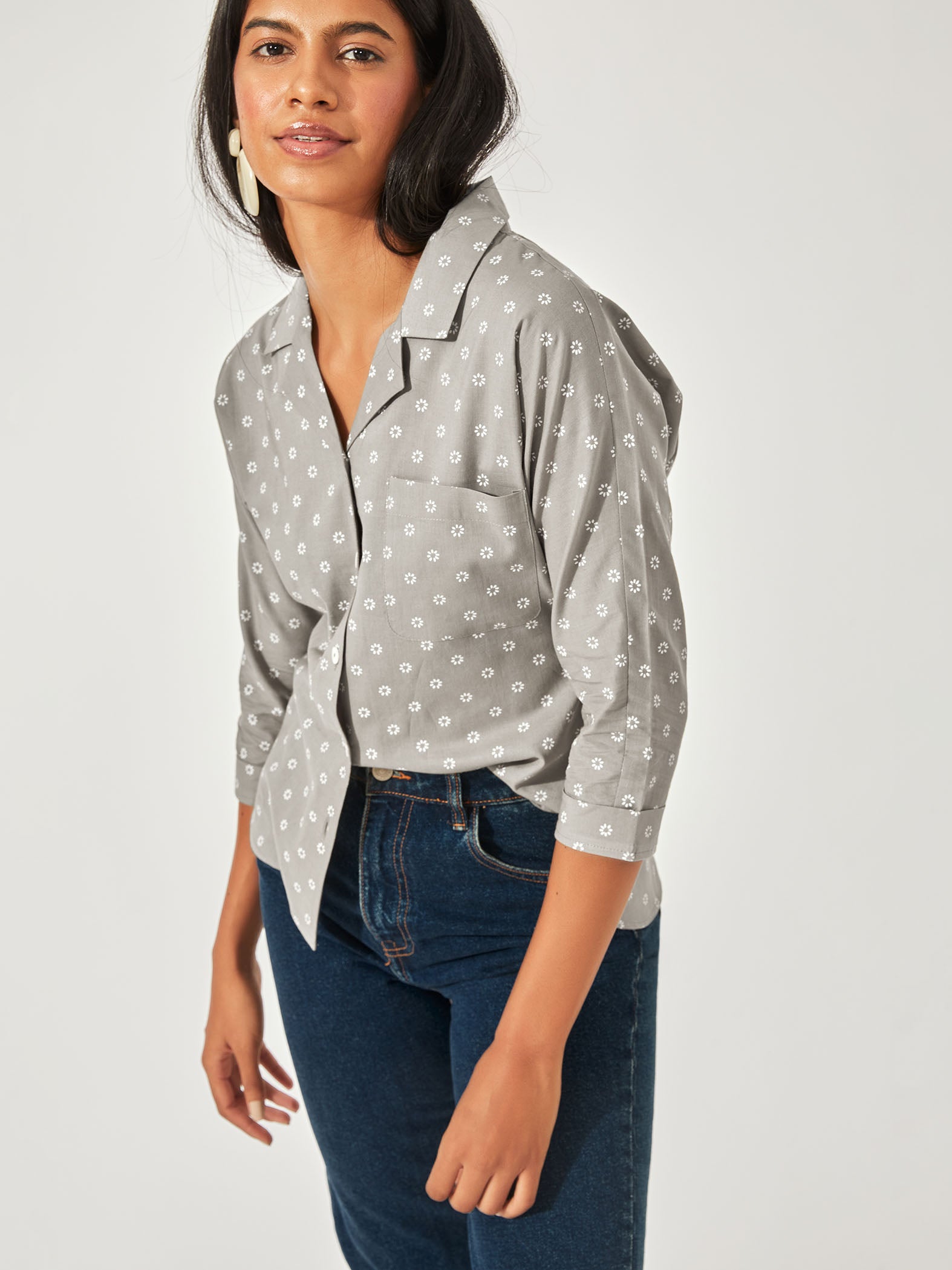 sage printed button down shirt