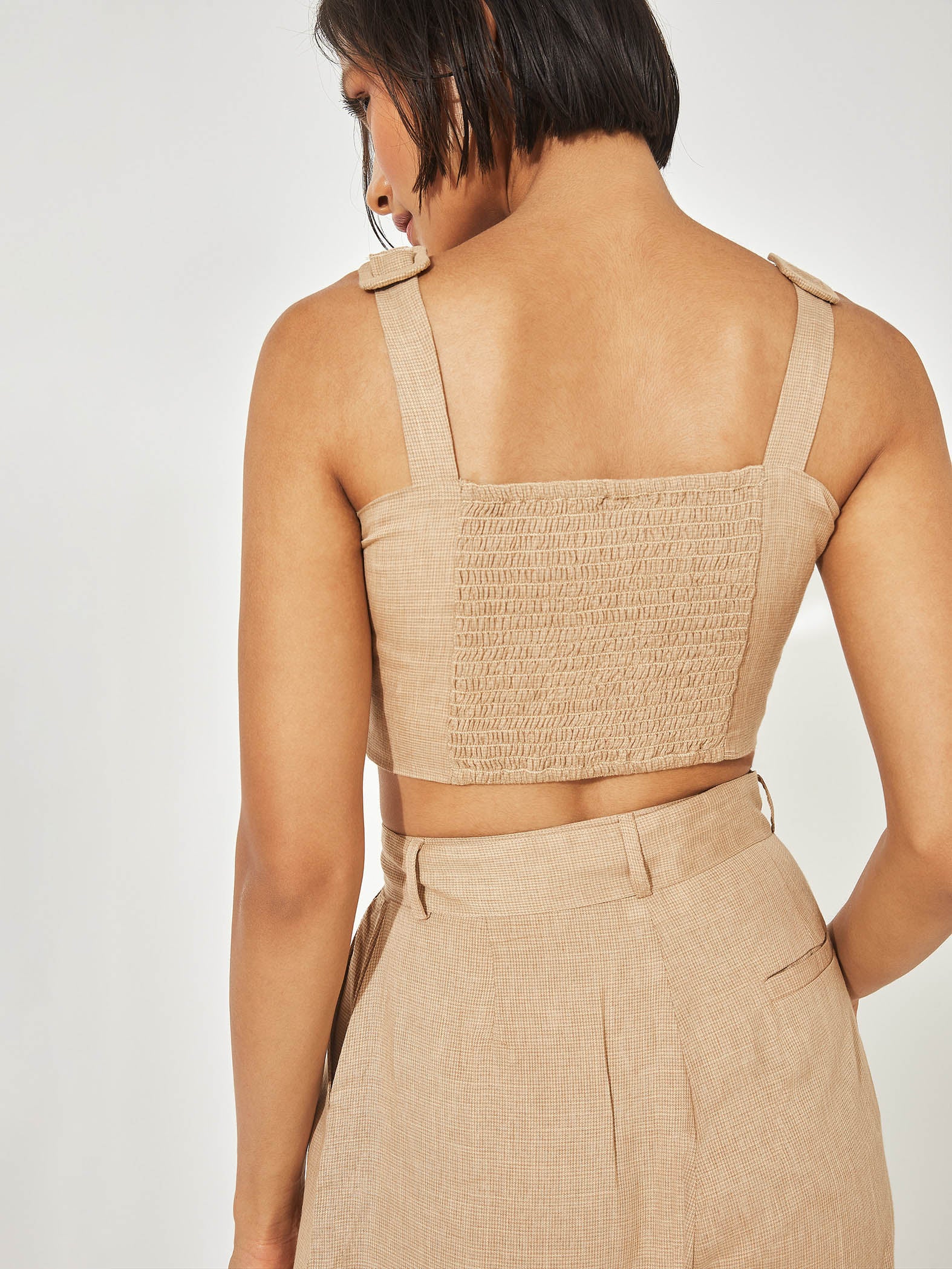 Sand Smocked Back Crop Bustier
