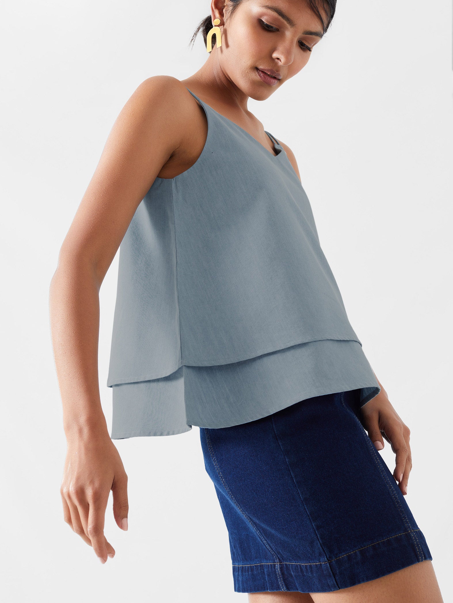 Soft Denim Sleeveless Tiered Top