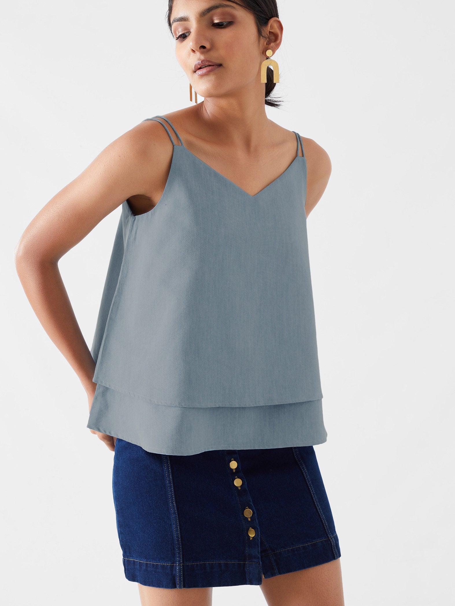 Soft Denim Sleeveless Tiered Top