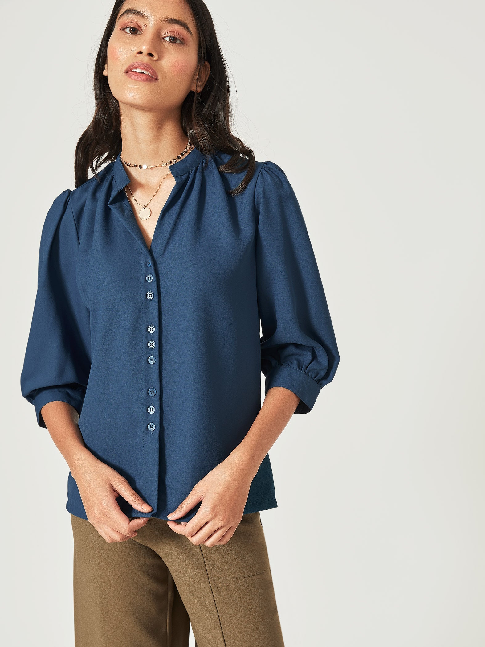 Teal Mandarin Collar Shirt