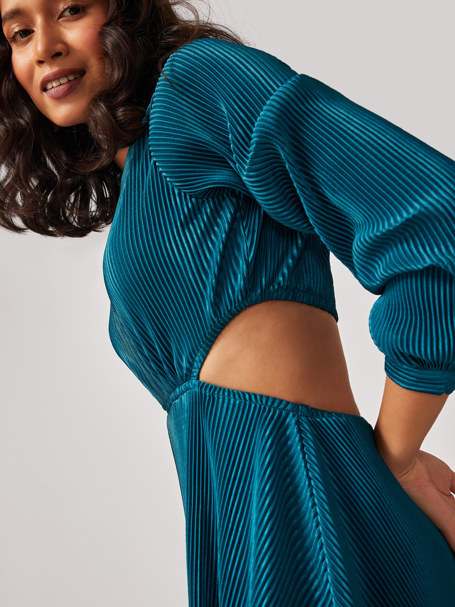 Teal Pleated Cut Out Dress
