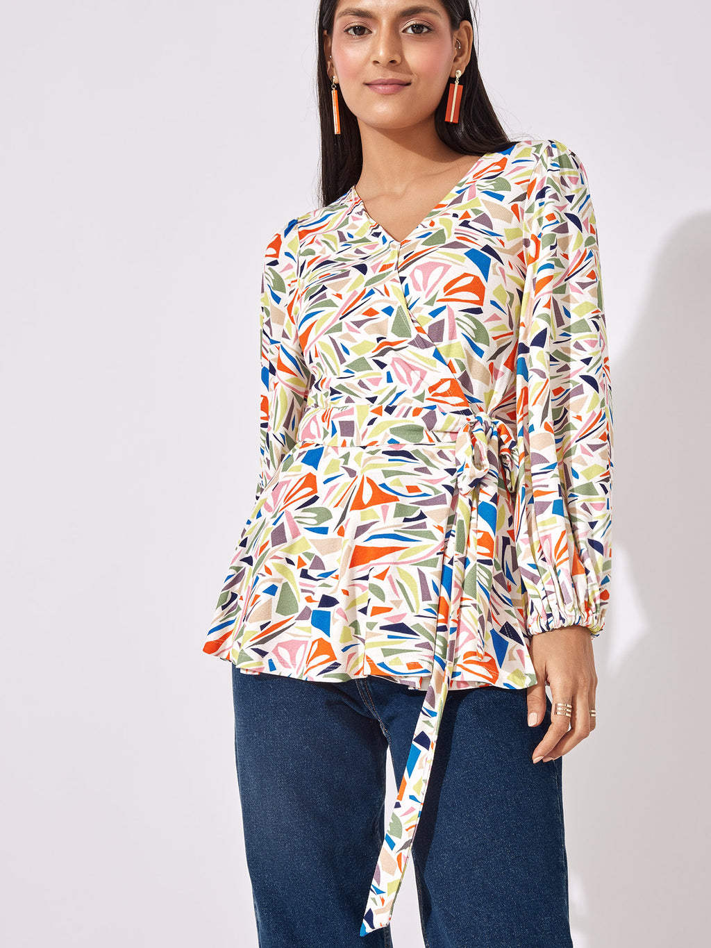 Terrazzo Print Wrap Tie Top