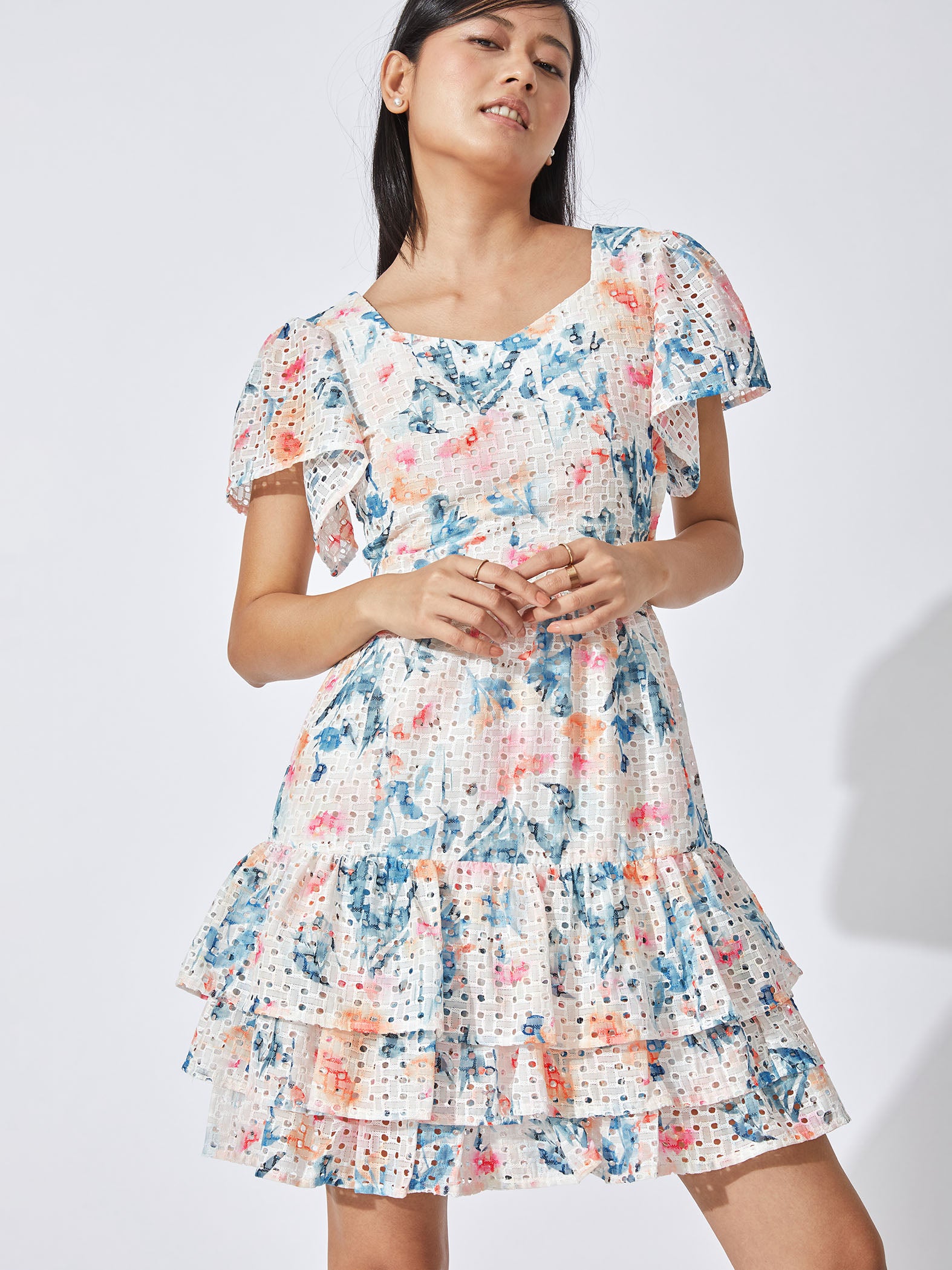 White Floral Schiffli Tiered Dress