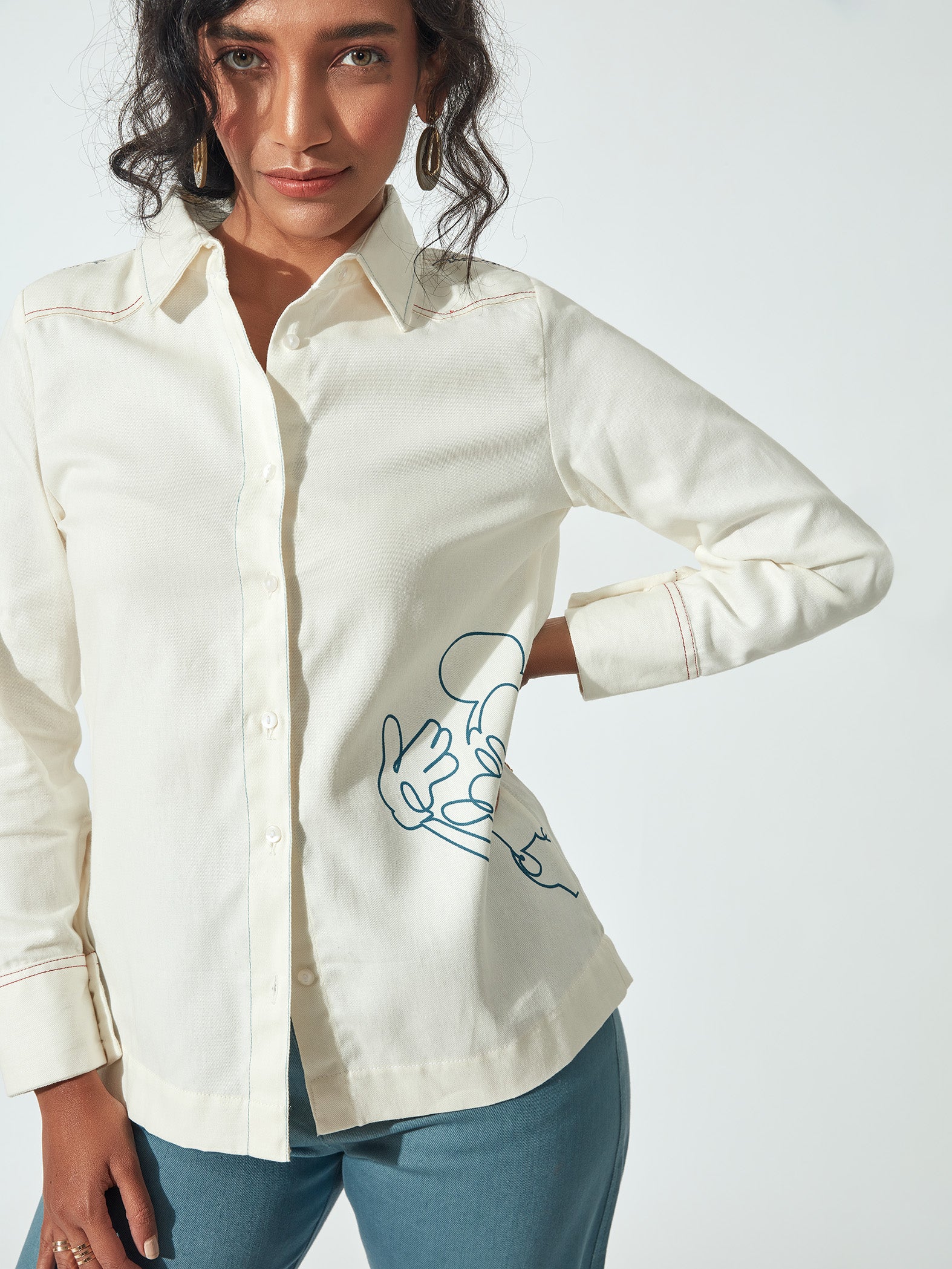 White Mickey Print Yoke Shirt by Disney