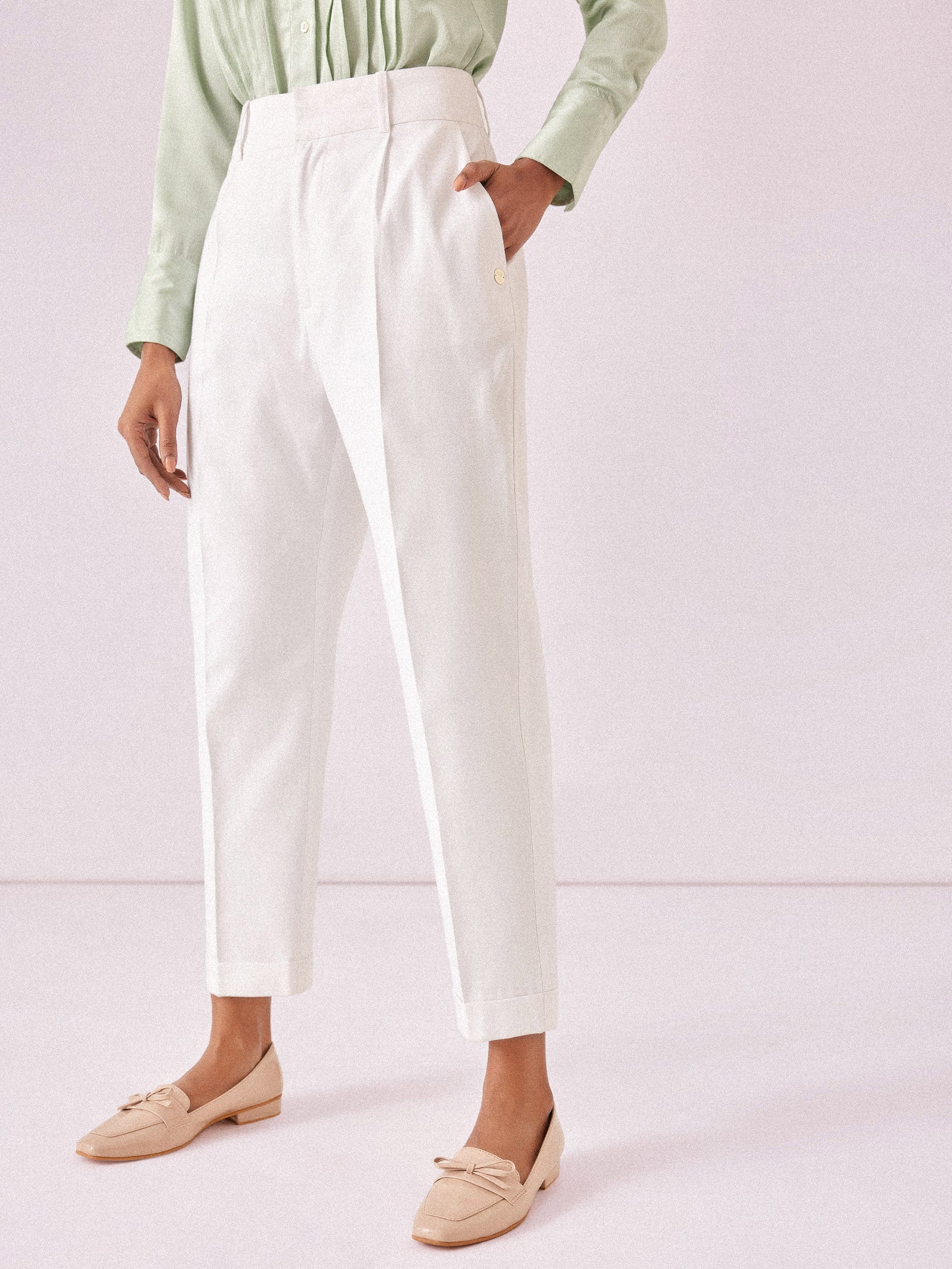 Linen Blend Pleat Front Tapered Trousers