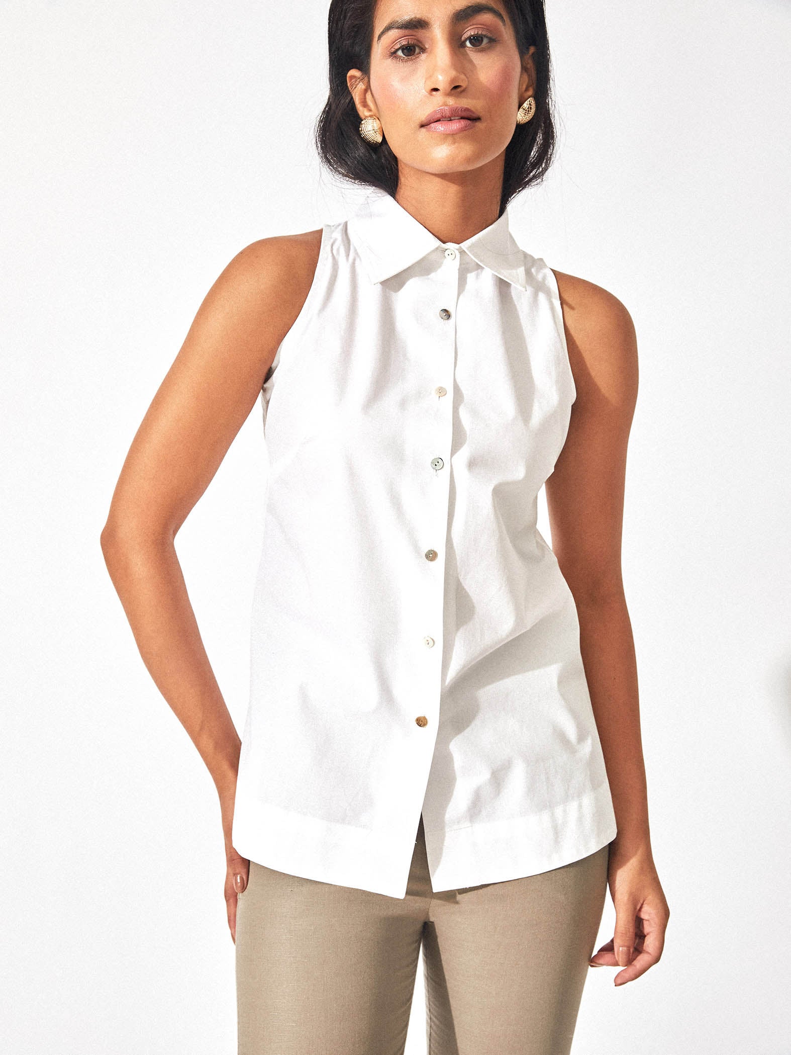 White Sleeveless Button Down Shirt