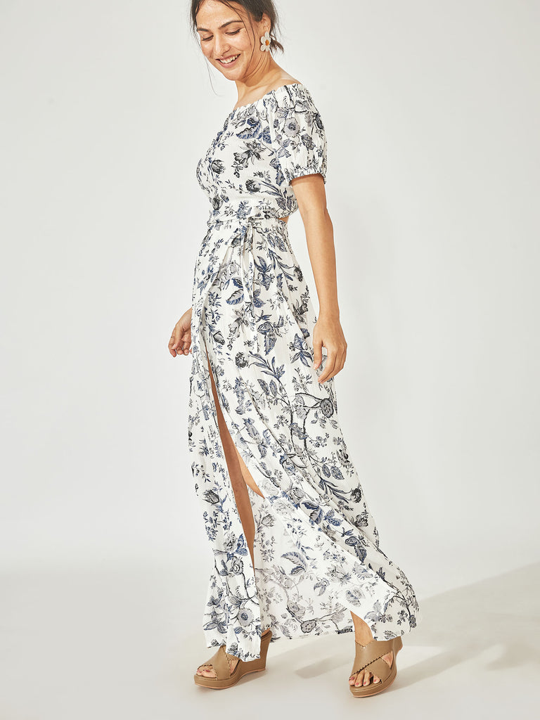 White & Azure Floral Slit Skirt