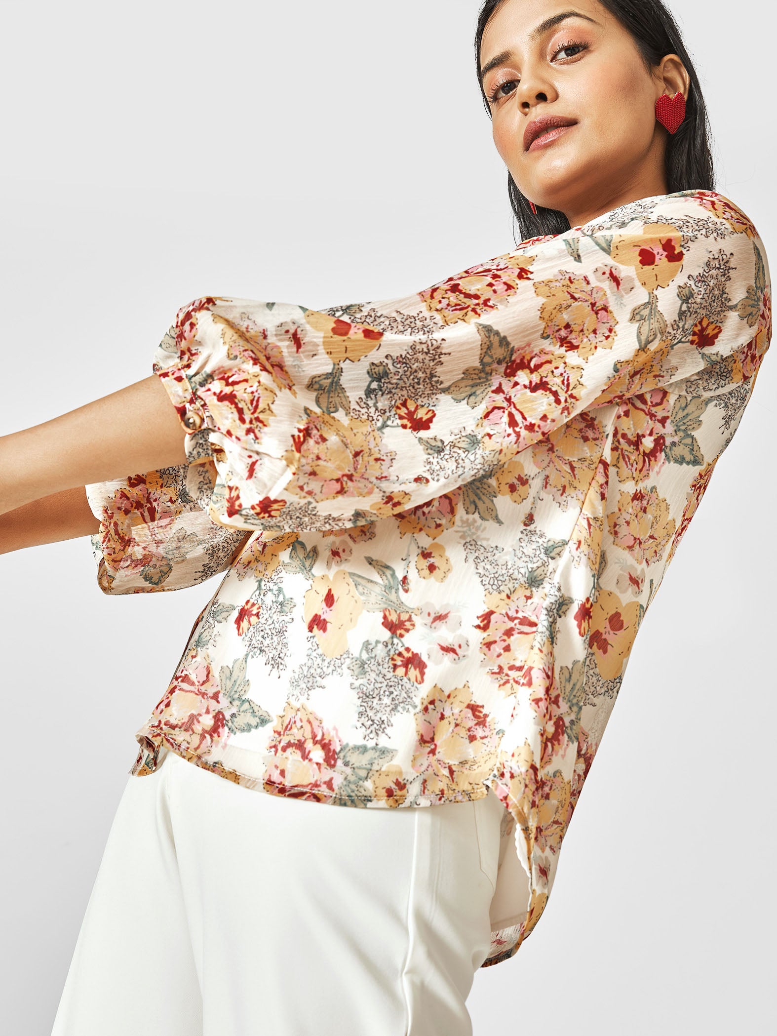 White Floral Balloon Sleeve Top