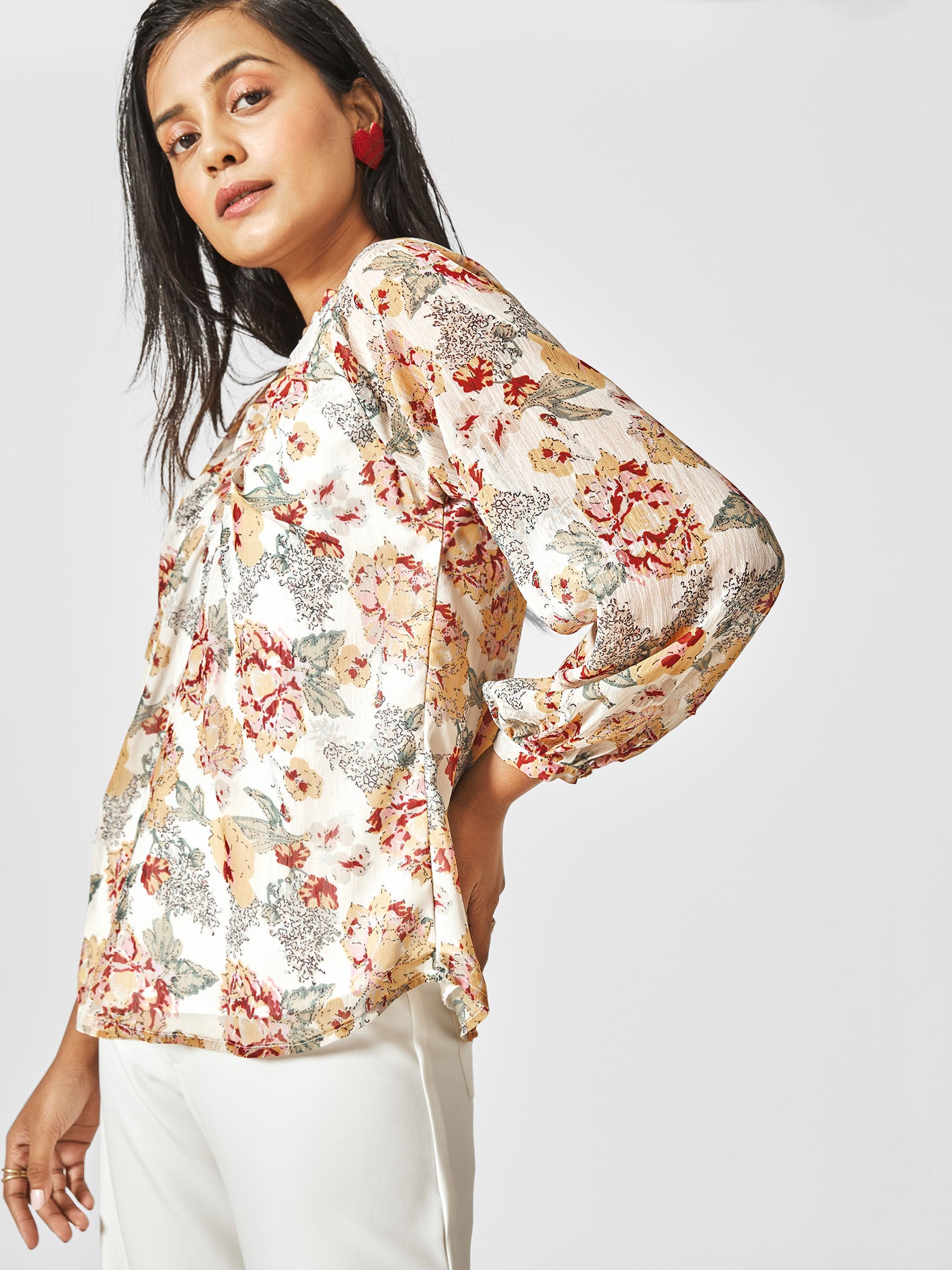 White Floral Balloon Sleeve Top