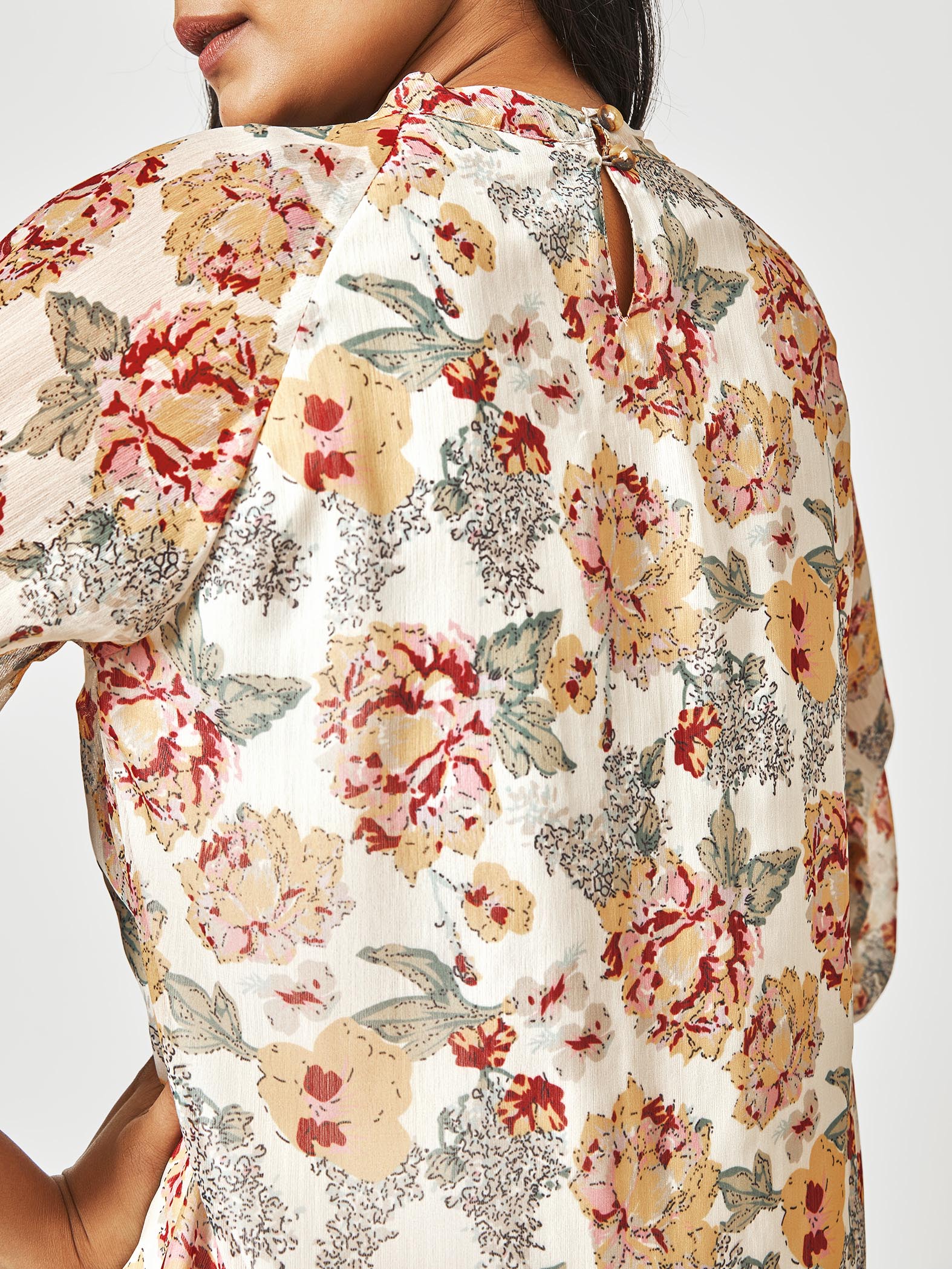 White Floral Balloon Sleeve Top