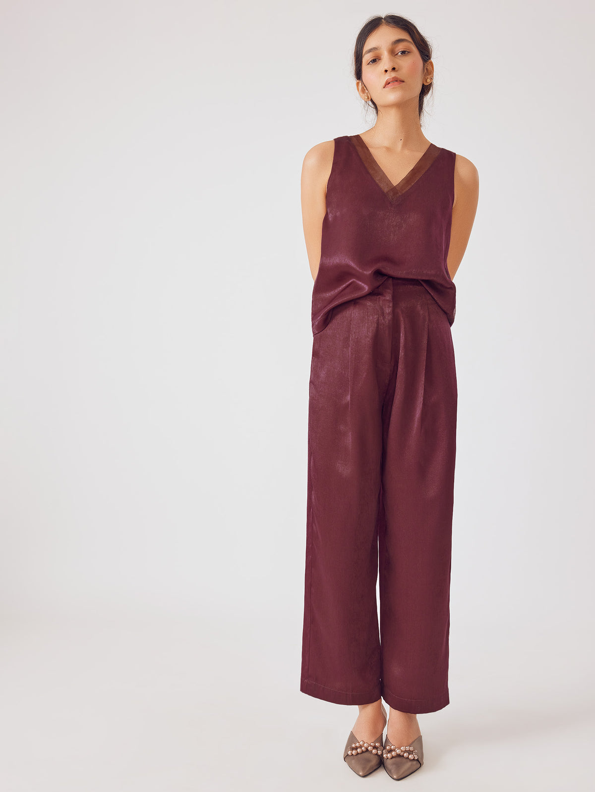 Wine Satin Pleated Pants