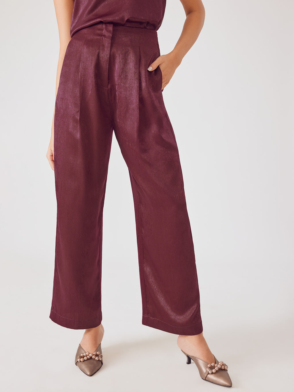 Wine Satin Pleated Pants