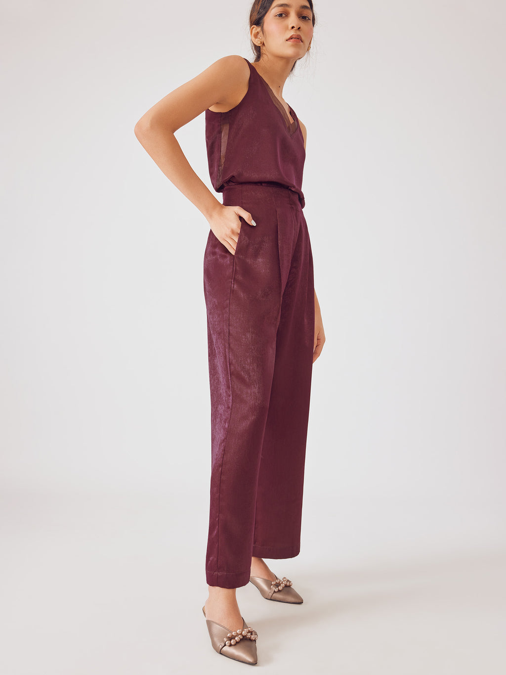 Wine Satin Pleated Pants