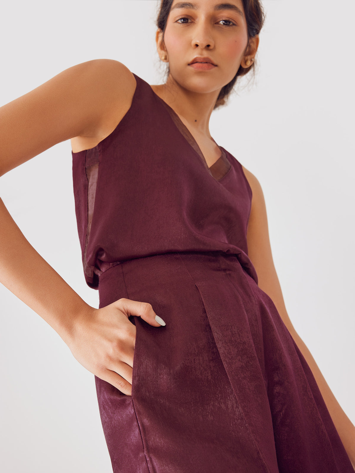 Wine Satin Pleated Pants