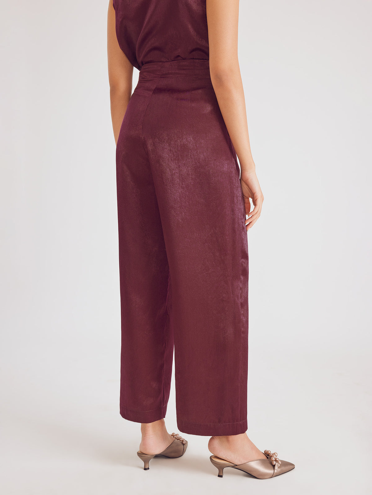 Wine Satin Pleated Pants