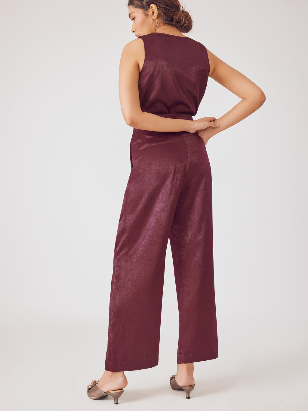 Wine Satin Pleated Pants