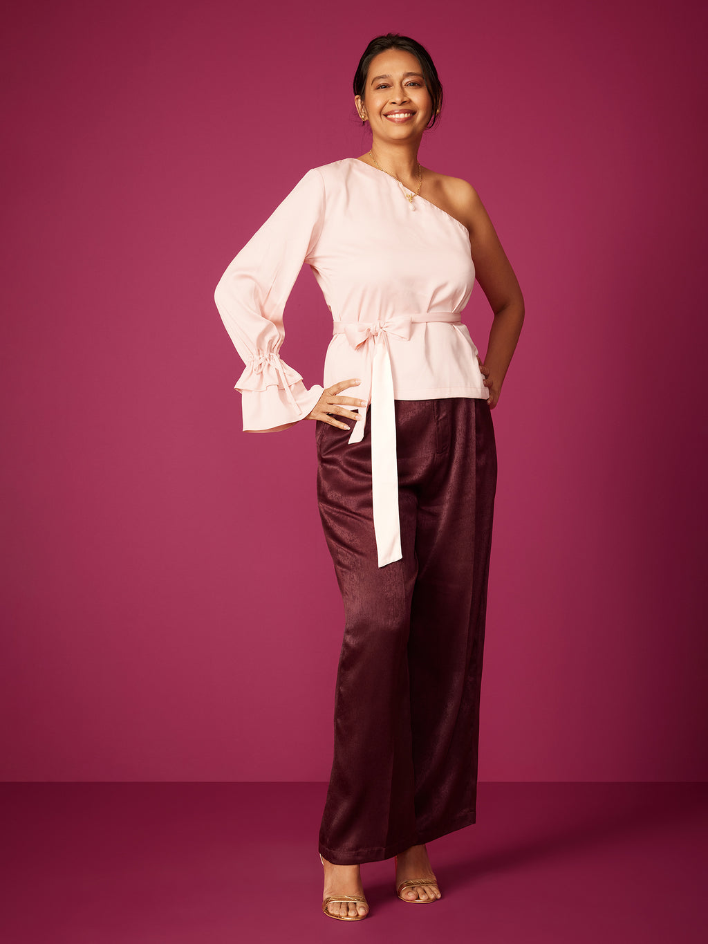 Wine Satin Pleated Pants