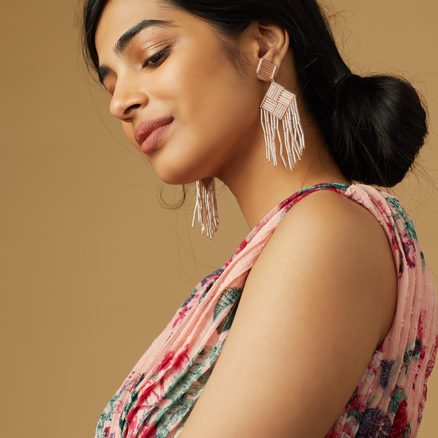 Champagne Beaded Tassel Earrings