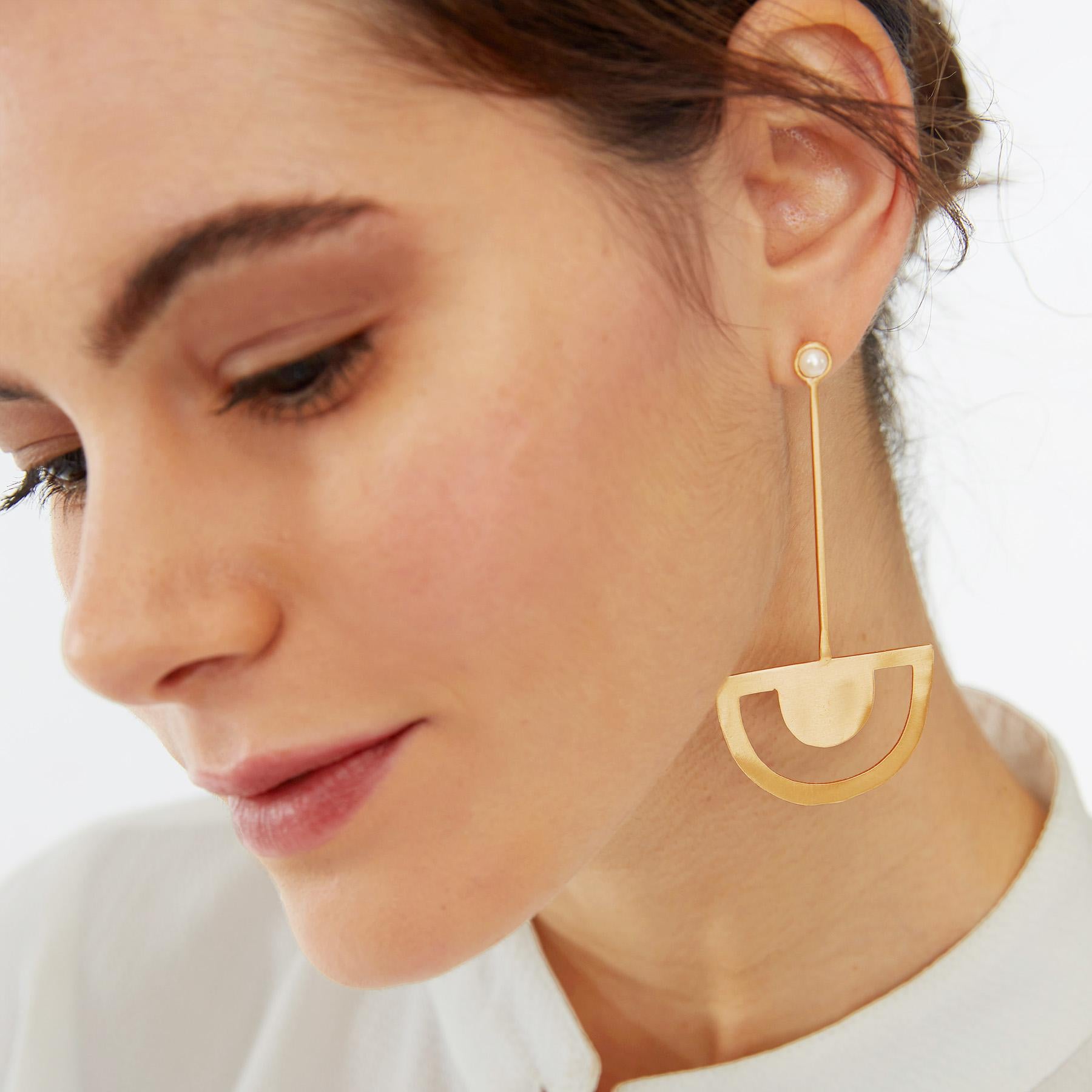 Gold Matte Pearl Half Moon Earrings